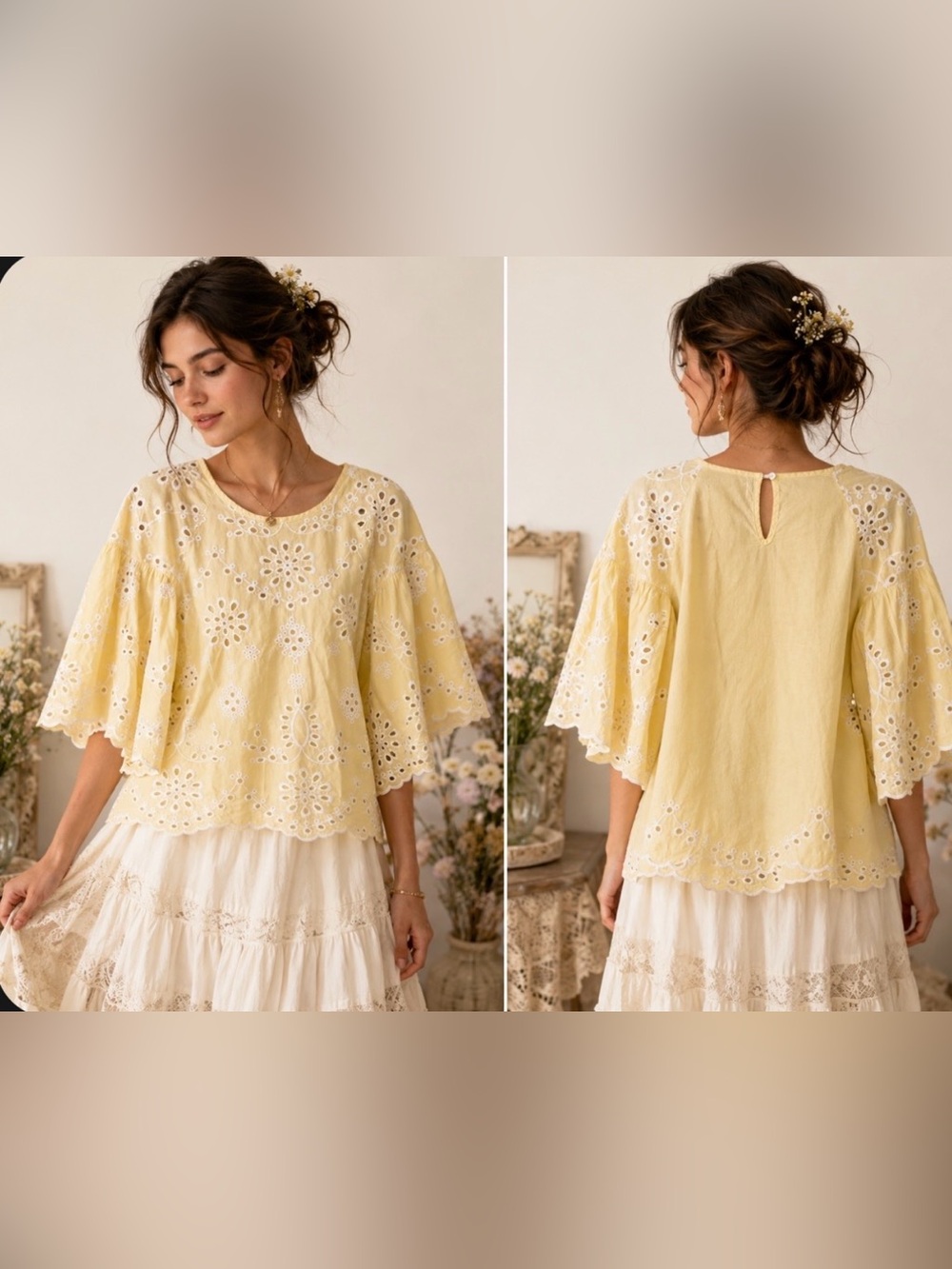 Yellow Eyelet Flutter-Sleeve Cottage-core Bohemian VTG Romantic Blouse Small